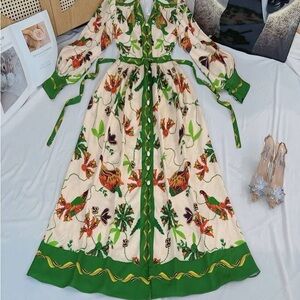 Cream Floral Maxi Dress with Green Trim